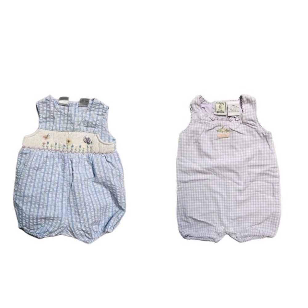 Vintage Girls Romper 3-6 Months Smocked Blue Floral Club Lot Of 2